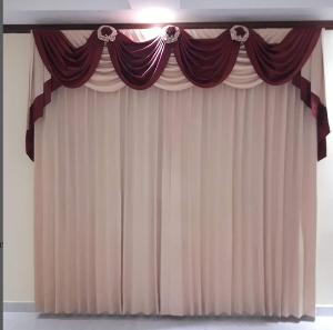 Cream and burgundy custom curtain installation
